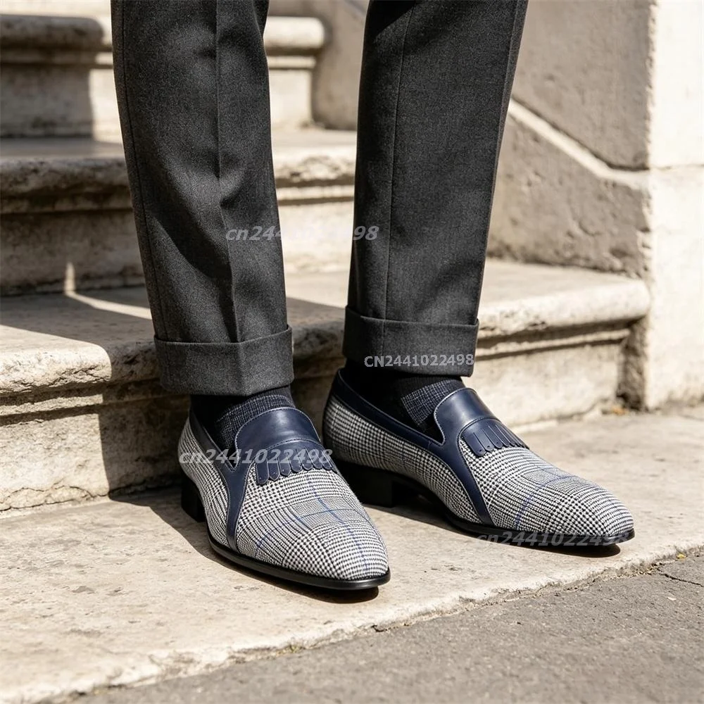 British Style Tweed Plaid Patchwork Loafers Men Luxury Fringe Formal Business Wedding Party Premium Slip-On Fashion Dress Shoes