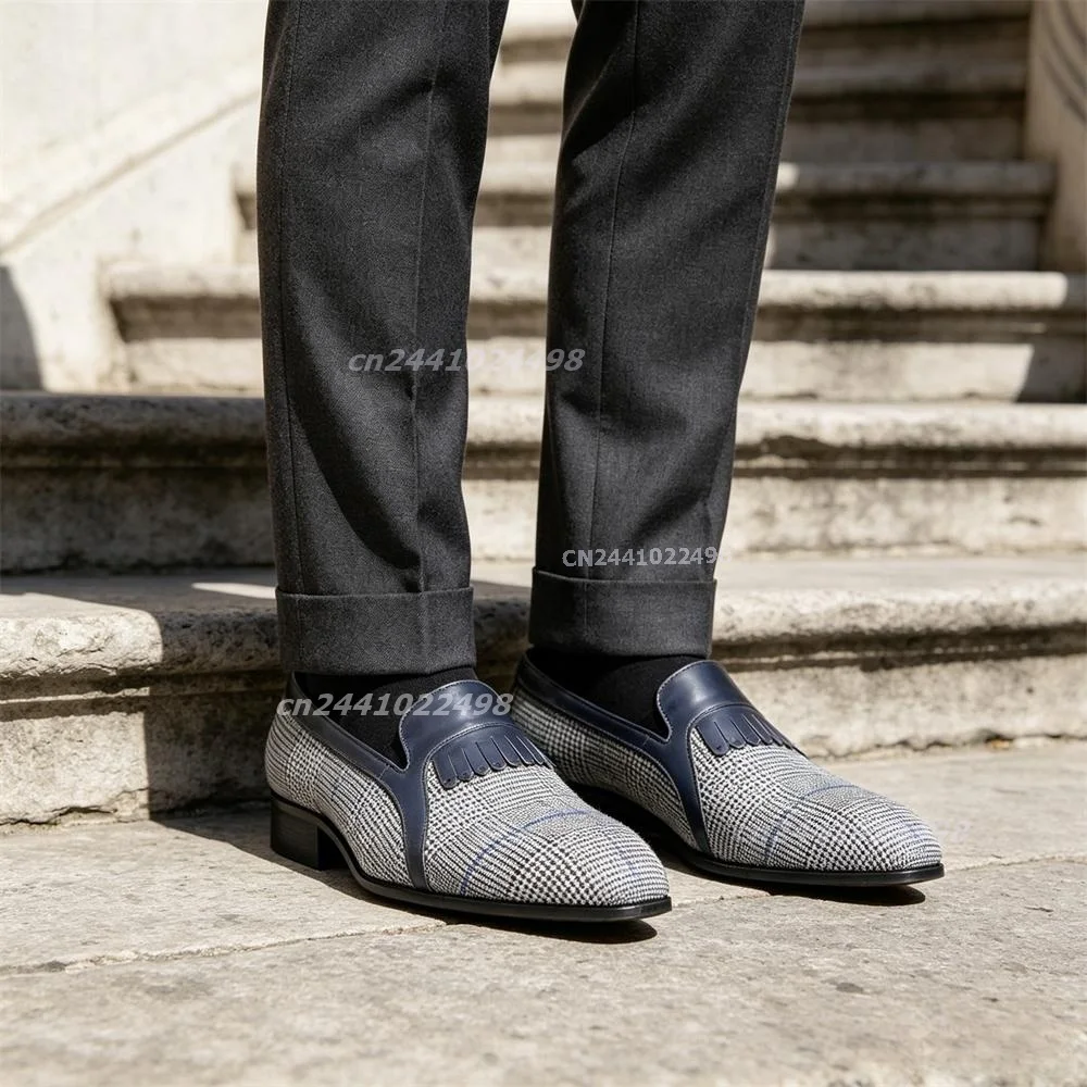 British Style Tweed Plaid Patchwork Loafers Men Luxury Fringe Formal Business Wedding Party Premium Slip-On Fashion Dress Shoes