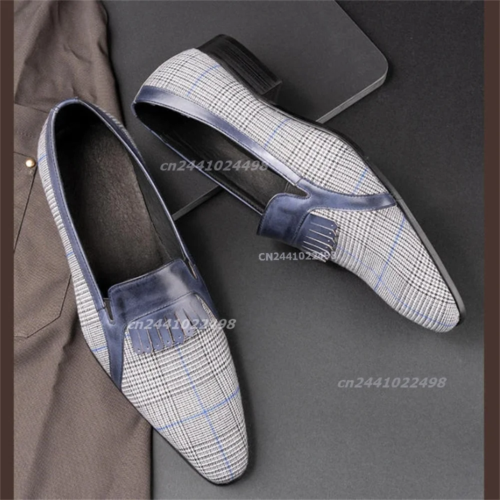 British Style Tweed Plaid Patchwork Loafers Men Luxury Fringe Formal Business Wedding Party Premium Slip-On Fashion Dress Shoes