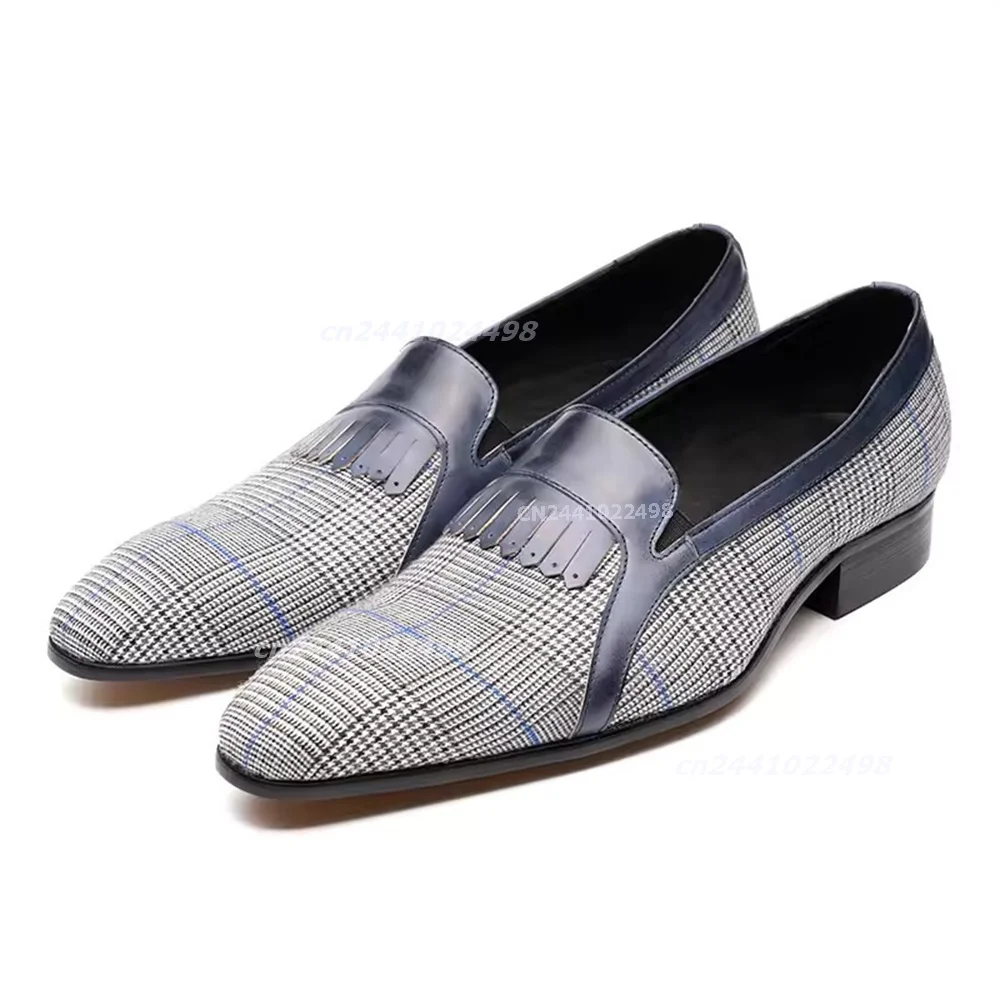 British Style Tweed Plaid Patchwork Loafers Men Luxury Fringe Formal Business Wedding Party Premium Slip-On Fashion Dress Shoes