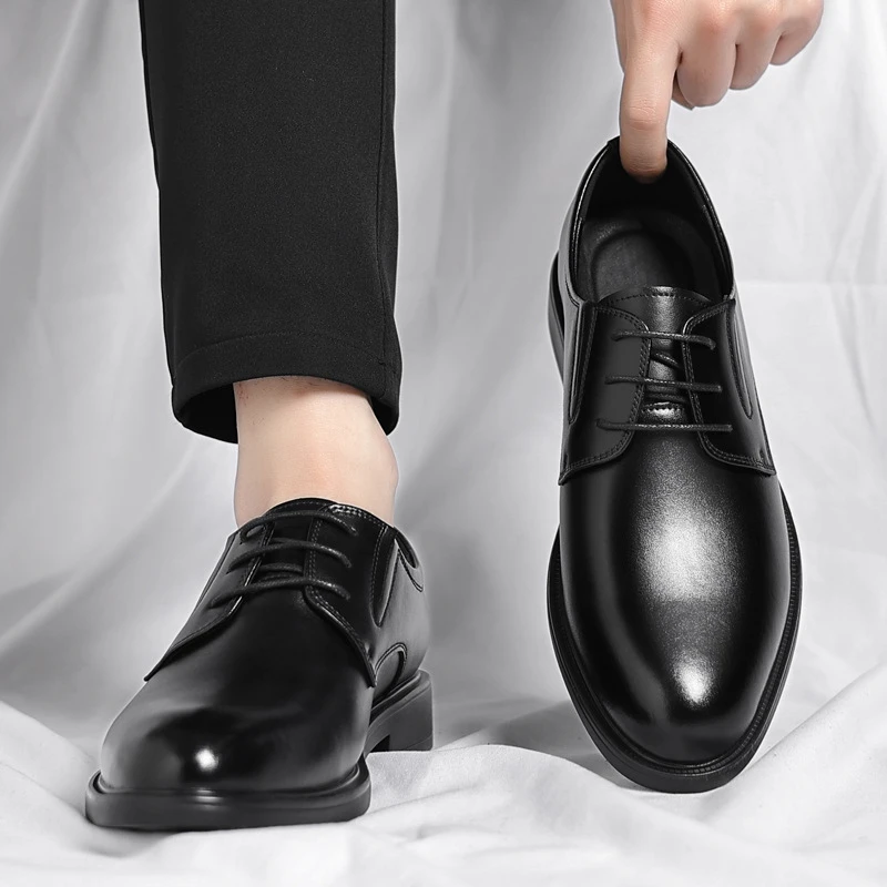 Mens Black Premium Smooth Leather Dress Oxfords Classic Pointed Toe Lace Up Formal Business Office Wedding Shoes British Style