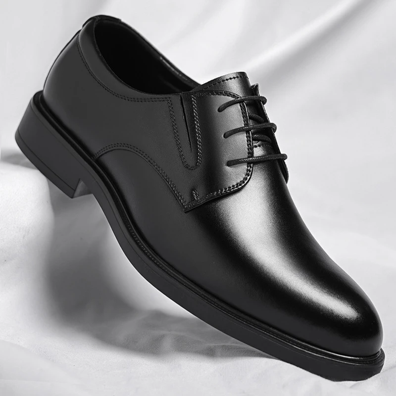 Mens Black Premium Smooth Leather Dress Oxfords Classic Pointed Toe Lace Up Formal Business Office Wedding Shoes British Style