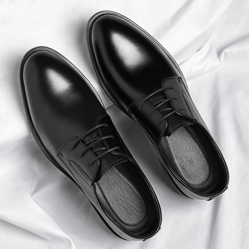 Mens Black Premium Smooth Leather Dress Oxfords Classic Pointed Toe Lace Up Formal Business Office Wedding Shoes British Style