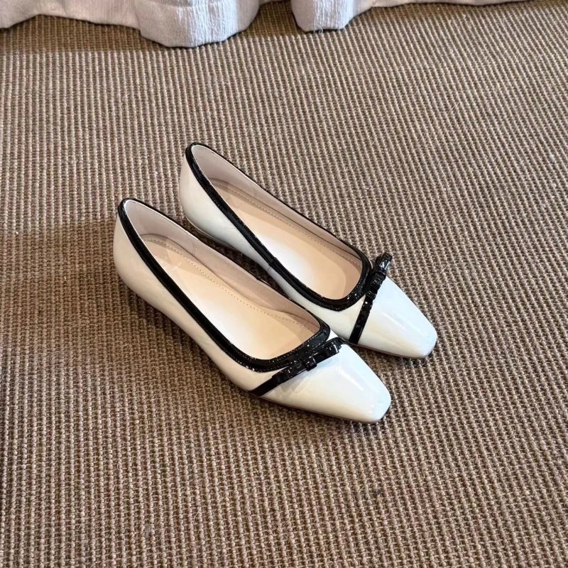 BANFANG Women's Shoes 3cm Premium Casual Fashion Luxury Design Square Toe Retro Patent Leather Bow Female Single Shoes