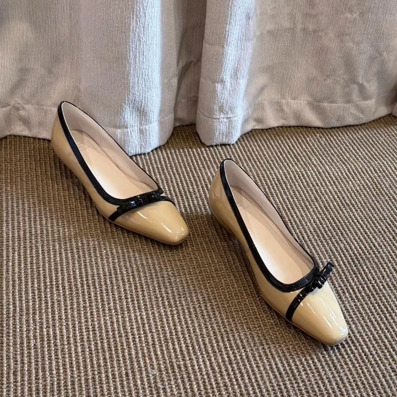 BANFANG Women's Shoes 3cm Premium Casual Fashion Luxury Design Square Toe Retro Patent Leather Bow Female Single Shoes