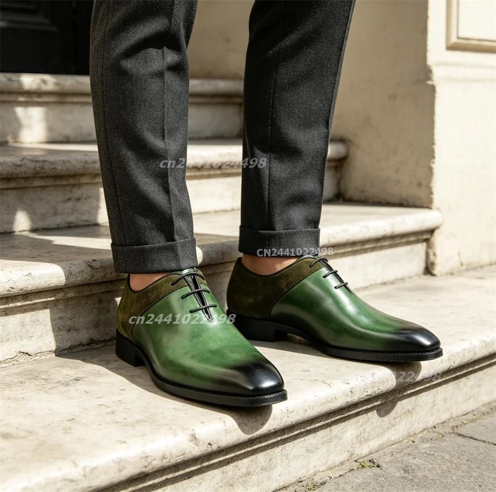 New Fashion Green & Brown Patchwork Dress Shoes Men Luxury Embossed Formal Business Wedding Party Premium Lace-Up Oxford Shoes