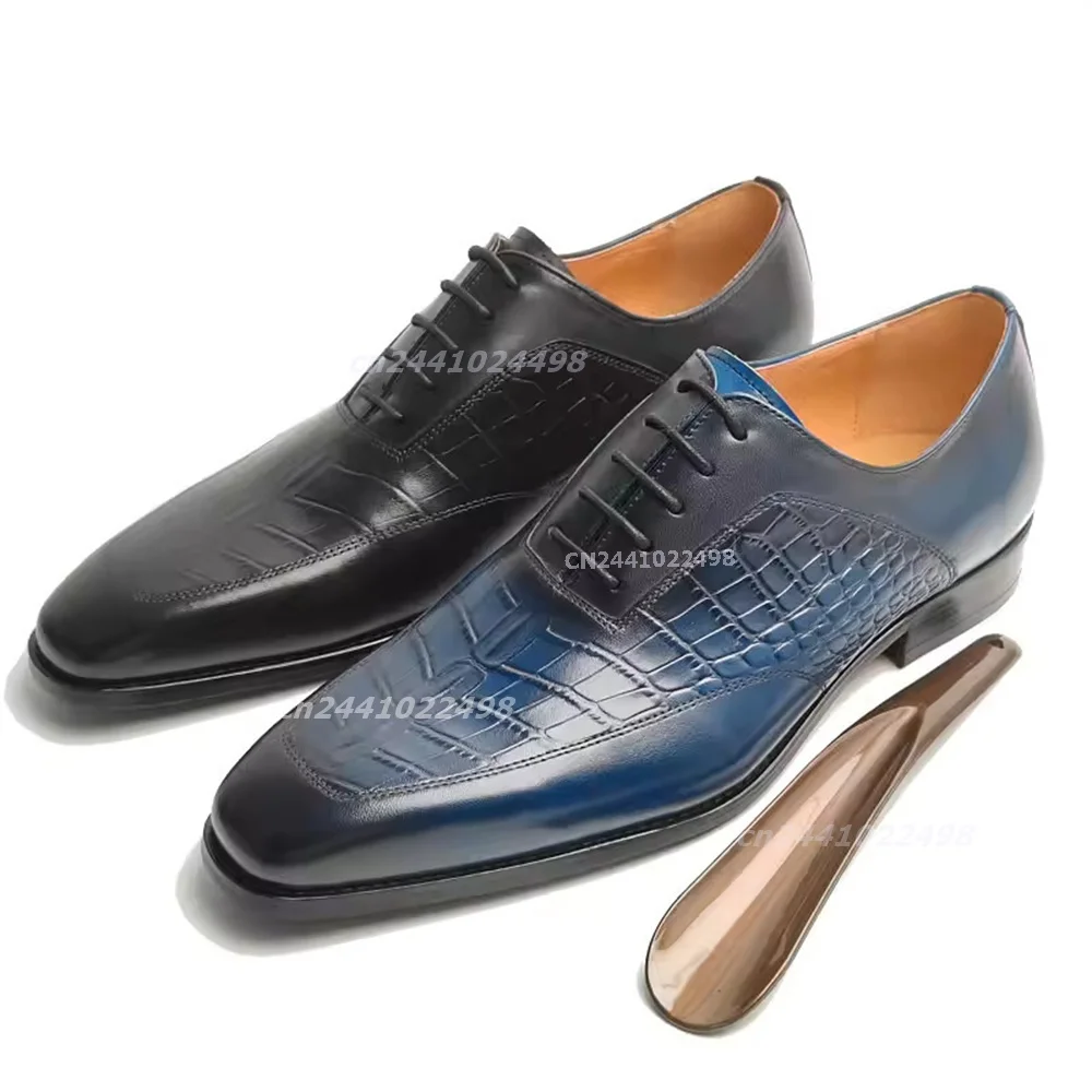 New Fashion Blue & Black Monk Strap Dress Shoes Men Luxury Embossed Crocodile Formal Business Wedding Premium Slip-On Loafers
