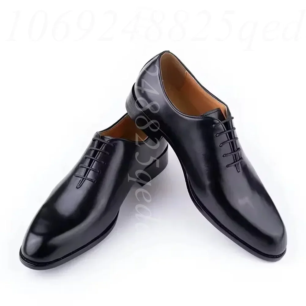 Men's Classic Whole-Cut Lace-Up Design Shoes Premium Glossy Leather Pointed Toe Loafers Breathable Insole for Formal Business