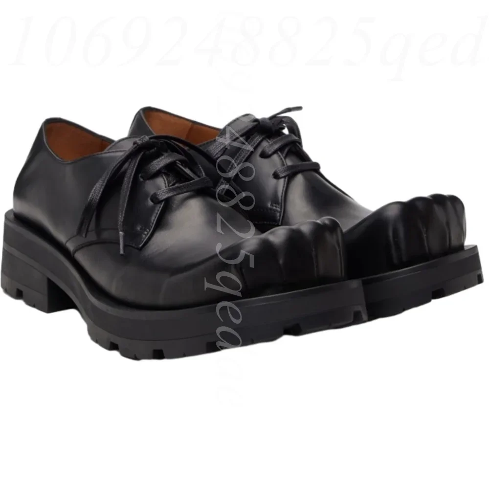 Men's Black Smooth Matte Leather Fingers Square Toe Oxford Shoes Lace Up Chunky Sole Premium Dress Shoe Retro Style for Outgoing