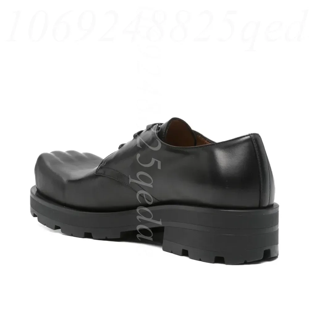 Men's Black Smooth Matte Leather Fingers Square Toe Oxford Shoes Lace Up Chunky Sole Premium Dress Shoe Retro Style for Outgoing