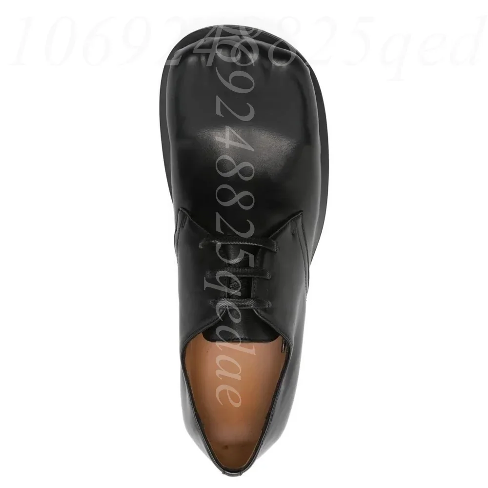 Men's Black Smooth Matte Leather Fingers Square Toe Oxford Shoes Lace Up Chunky Sole Premium Dress Shoe Retro Style for Outgoing