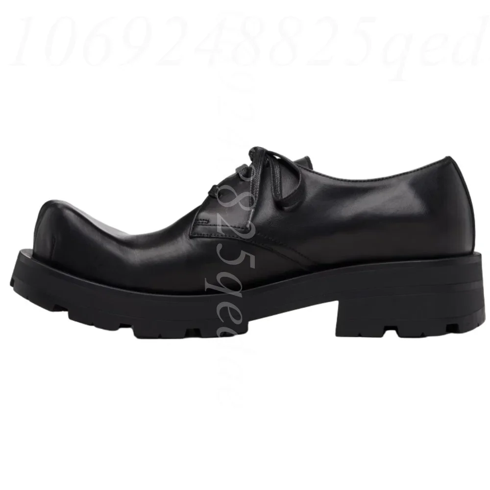 Men's Black Smooth Matte Leather Fingers Square Toe Oxford Shoes Lace Up Chunky Sole Premium Dress Shoe Retro Style for Outgoing