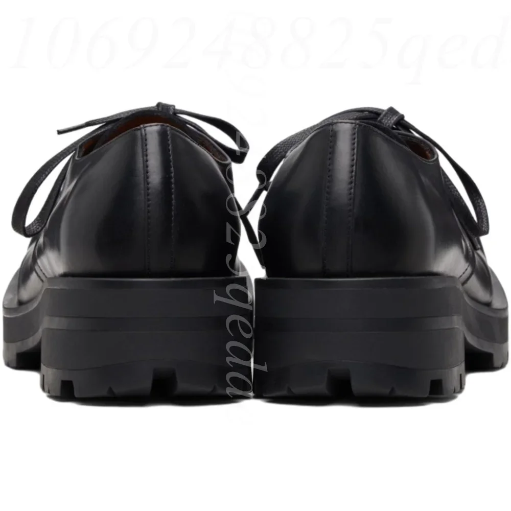 Men's Black Smooth Matte Leather Fingers Square Toe Oxford Shoes Lace Up Chunky Sole Premium Dress Shoe Retro Style for Outgoing