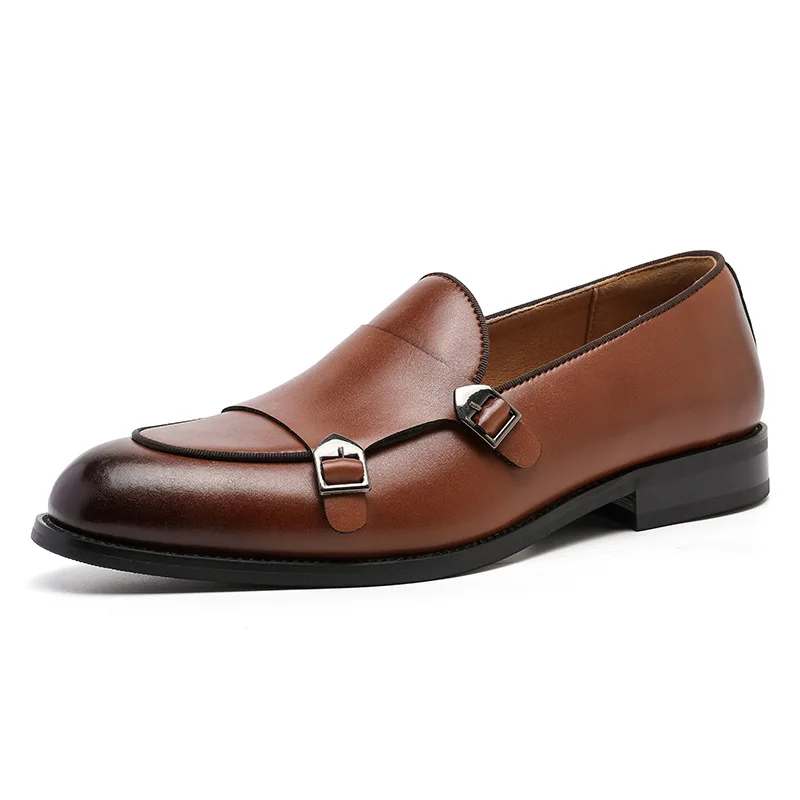 Men's Premium Brown Leather Double Monk Strap Loafers Slip-On Formal Dress Shoes Non-Slip Comfortable Business Shoes for Men