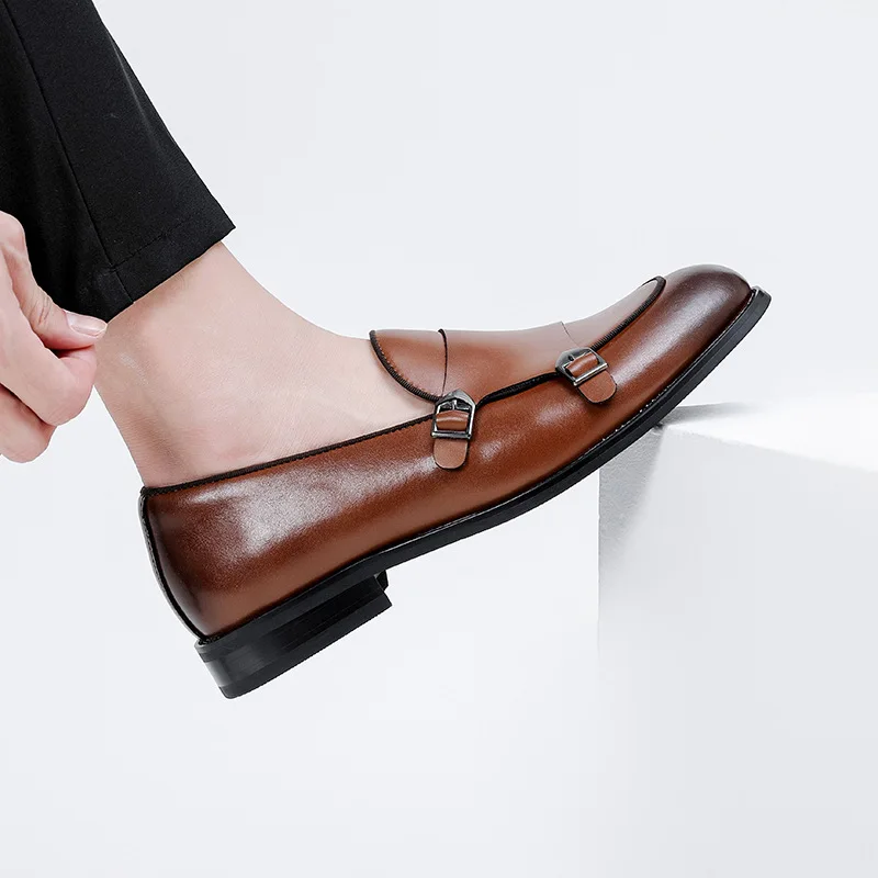 Men's Premium Brown Leather Double Monk Strap Loafers Slip-On Formal Dress Shoes Non-Slip Comfortable Business Shoes for Men