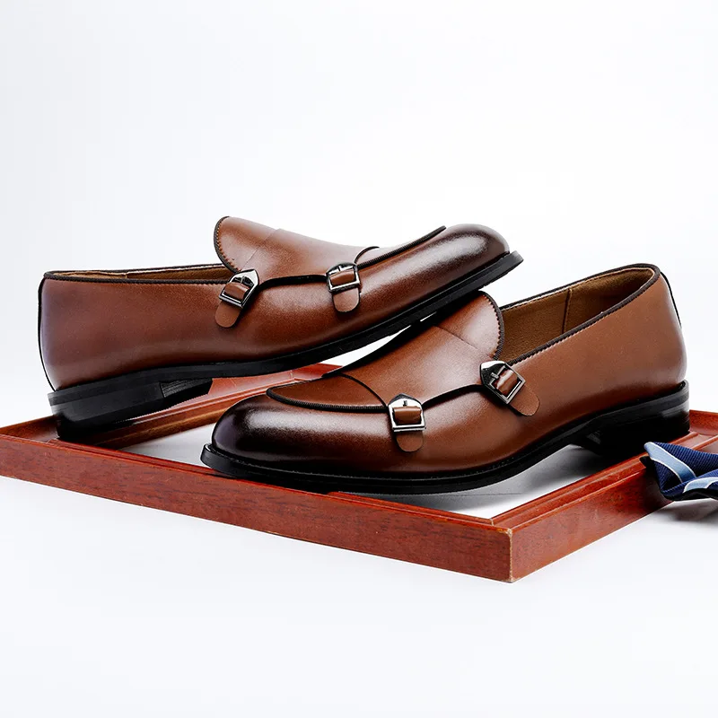 Men's Premium Brown Leather Double Monk Strap Loafers Slip-On Formal Dress Shoes Non-Slip Comfortable Business Shoes for Men