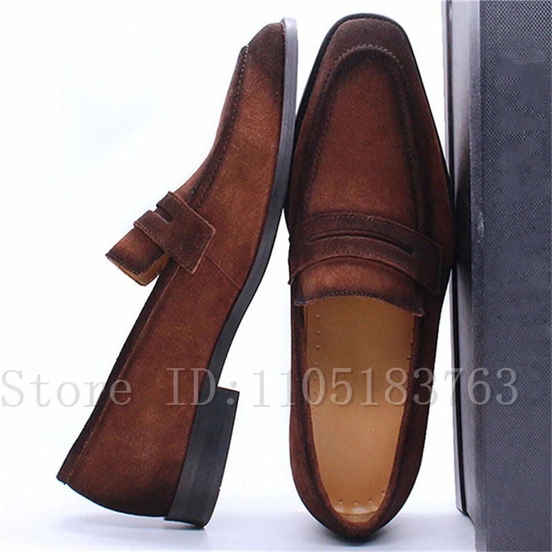 Luxury Handmade Suede Penny Loafers for Men Premium Round Toe Slip-On Dress Shoes Formal Footwear for Modern Gentlemen