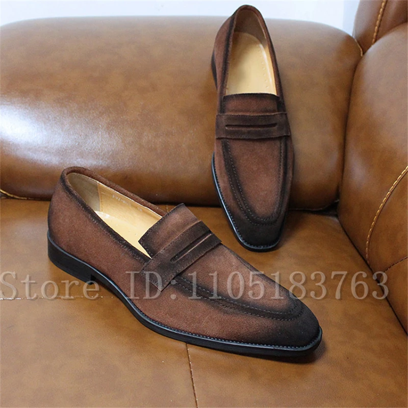 Luxury Handmade Suede Penny Loafers for Men Premium Round Toe Slip-On Dress Shoes Formal Footwear for Modern Gentlemen