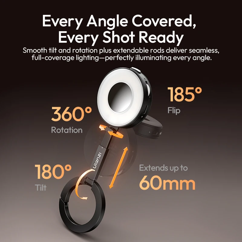 Ulanzi ML05 MagLock Vlog Fill Light Magnetic Video Light Bi-Color 2500-9000K 360 Adjustable Selfie Ring Light for Iphone Android