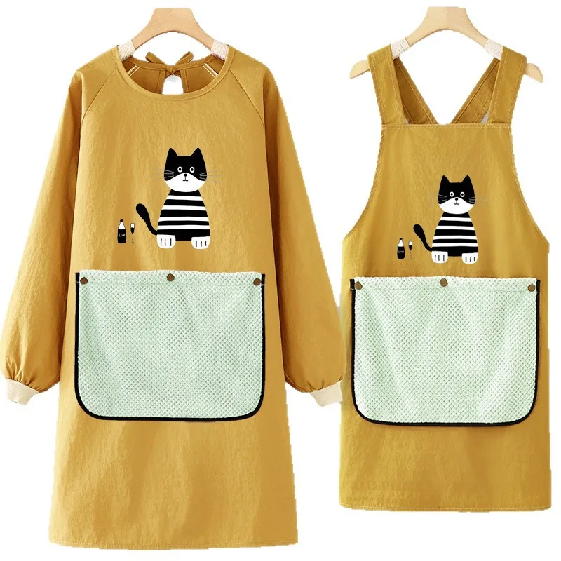 New Waterproof Apron Cute Cat Long Sleeve Hoodie, Home Kawaii Kitchen Apron, Cooking Hoodie Anti Oil Stain Can Wipe Hands Aprons