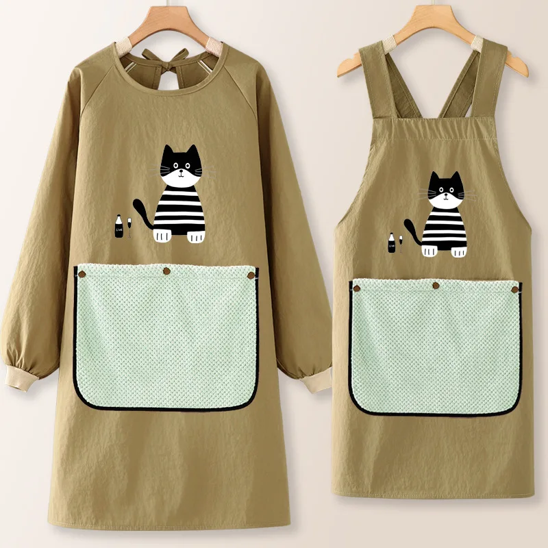 New Waterproof Apron Cute Cat Long Sleeve Hoodie, Home Kawaii Kitchen Apron, Cooking Hoodie Anti Oil Stain Can Wipe Hands Aprons