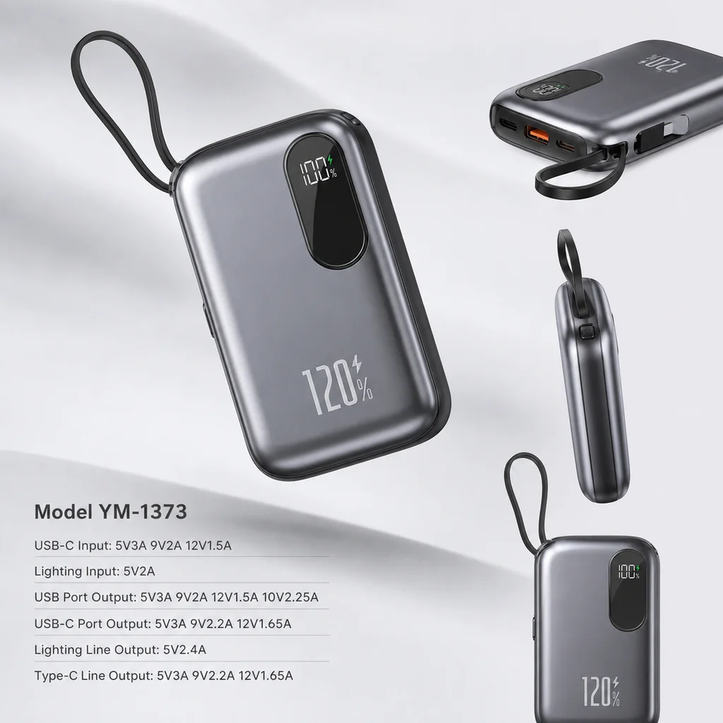 20000mAh Power Bank 120W Portable Charger with Built-in USB-C Cable for iPhone 16 15 14 13 Pro Max Xiaomi