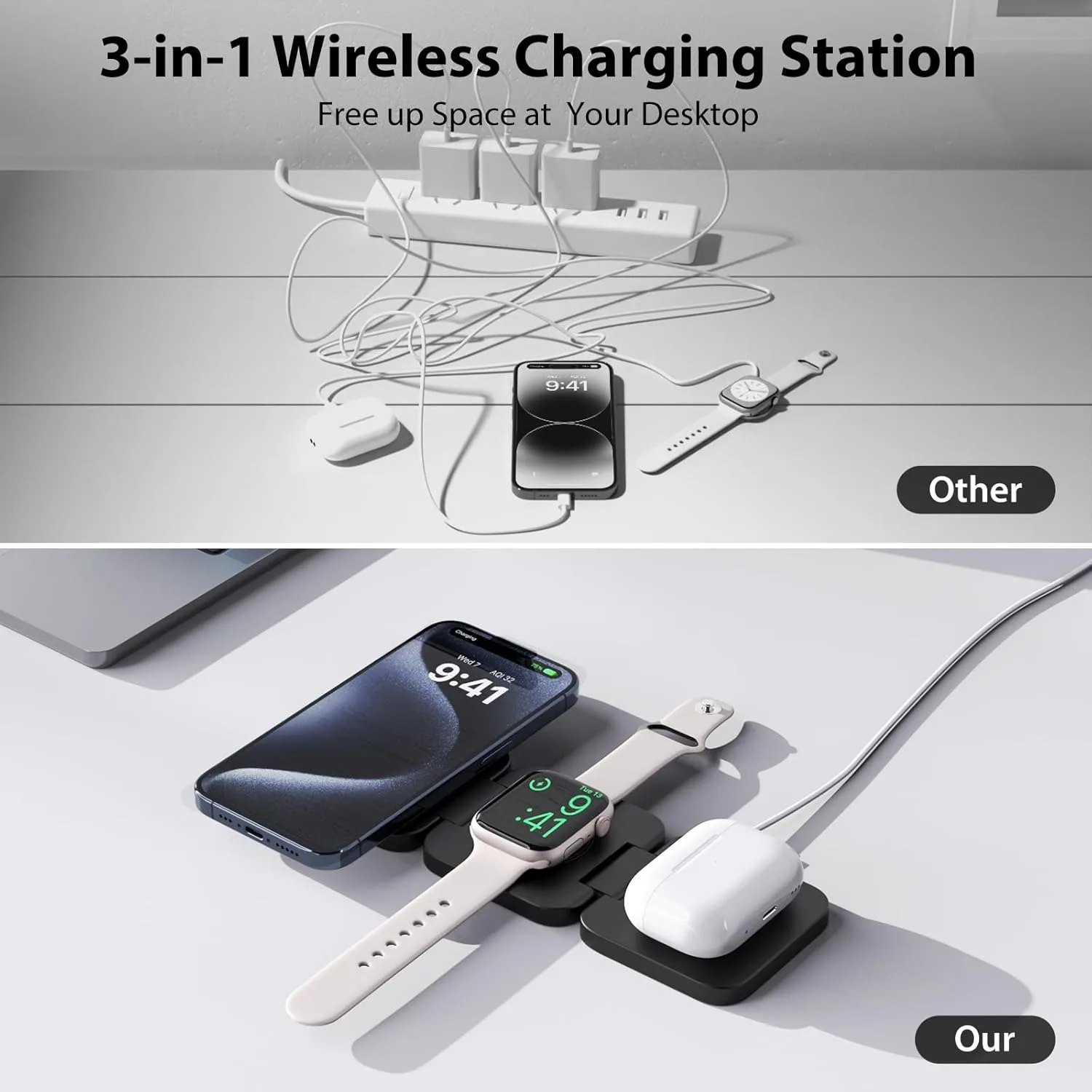 Foldable 3 in 1 Fast Wireless Charger Magnetic Charging for iPhone 16/15/14/13/12 Apple Watch10/9/8/7/6/5/4/3/SE Airpods3/2/Pro