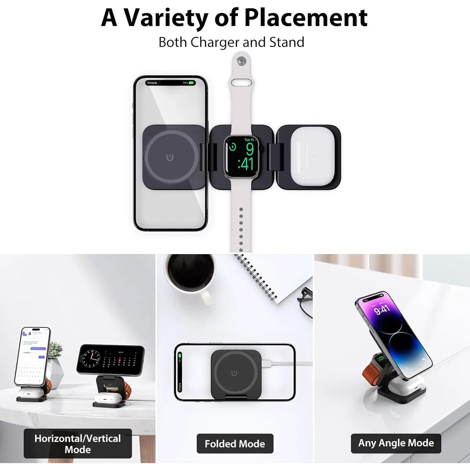 Foldable 3 in 1 Fast Wireless Charger Magnetic Charging for iPhone 16/15/14/13/12 Apple Watch10/9/8/7/6/5/4/3/SE Airpods3/2/Pro