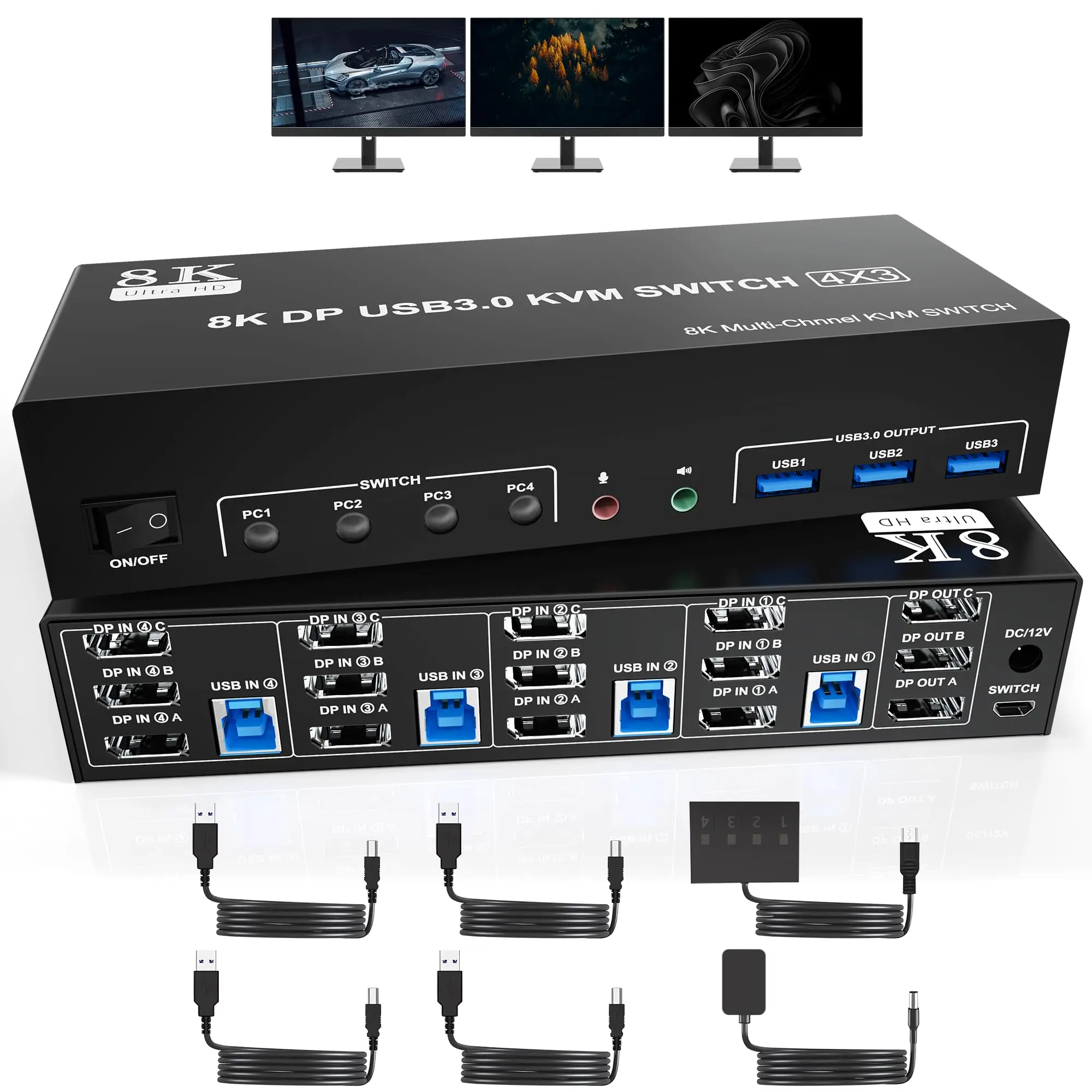 USB 3.0 KVM Switch 3 Monitors 4 Computer,Displayport + HDMI Triple Monitor KVM Switch  with 4 USB Ports for Keyboard Mouse