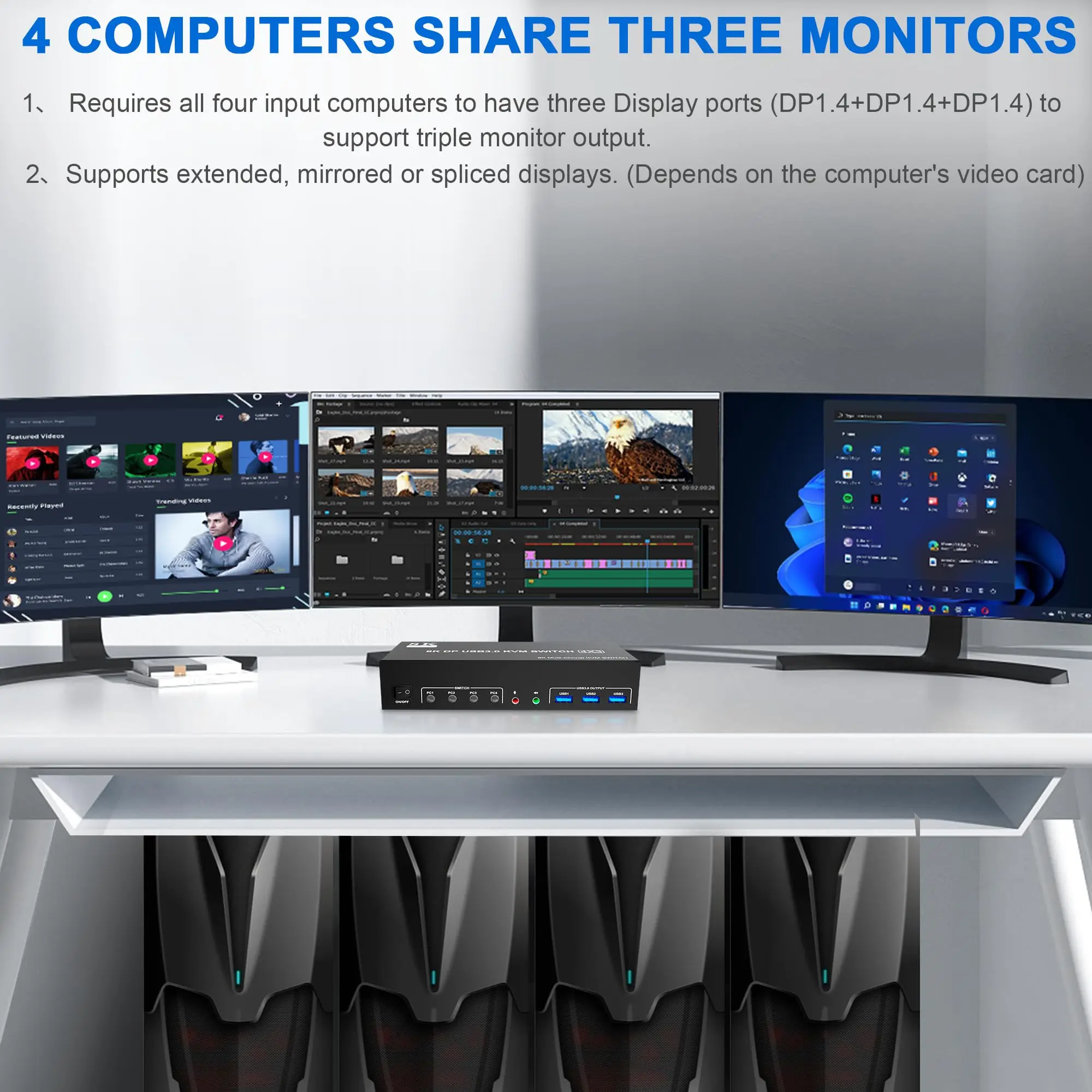 USB 3.0 KVM Switch 3 Monitors 4 Computer,Displayport + HDMI Triple Monitor KVM Switch  with 4 USB Ports for Keyboard Mouse