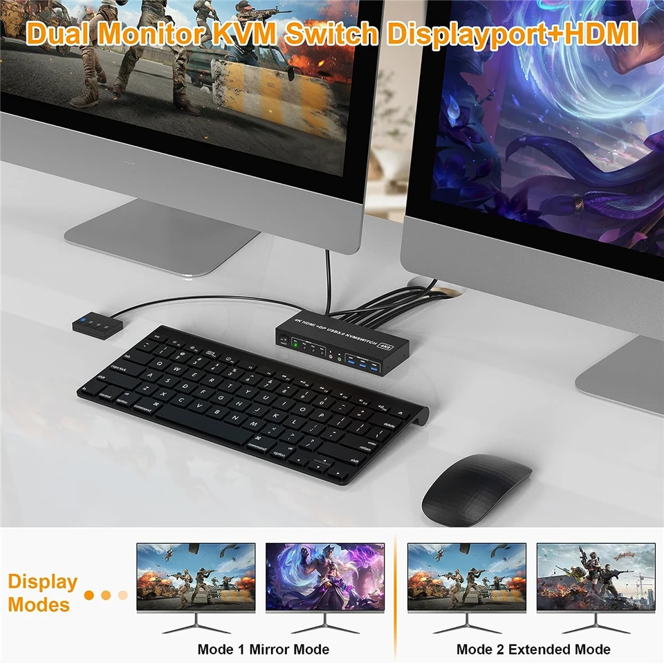 MZX 4 Port KVM Switch HDMI-Compatible USB 3.0 Switcheer 4X2 Dual Monitor 4K@60Hz Extend DP 4 In 2 Out 4 PC Share Keyboard Mouse