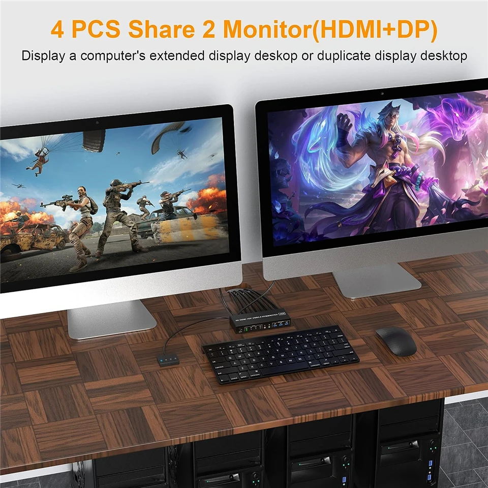 MZX 4 Port KVM Switch HDMI-Compatible USB 3.0 Switcheer 4X2 Dual Monitor 4K@60Hz Extend DP 4 In 2 Out 4 PC Share Keyboard Mouse