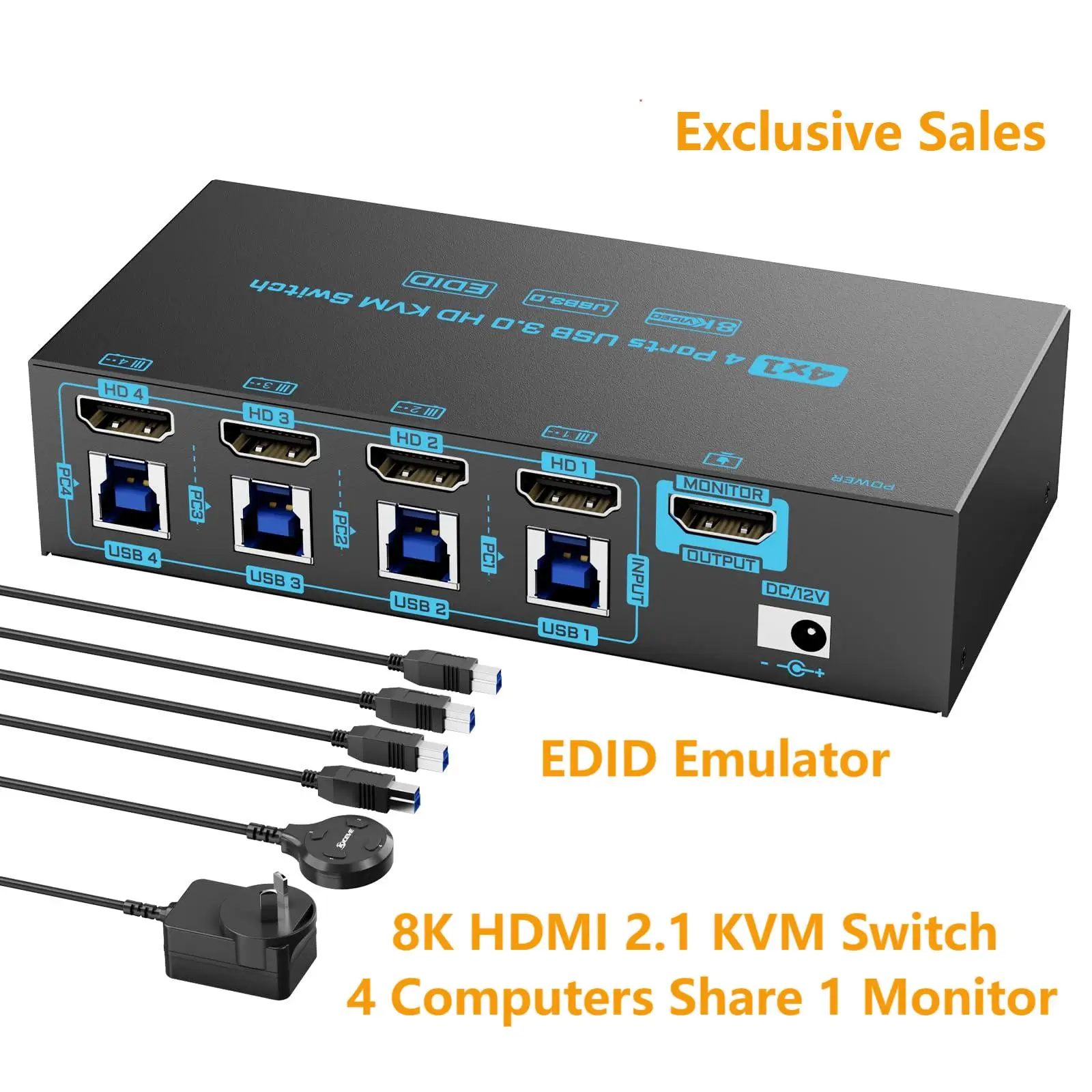 8K/4K HDMI KVM Switch 4 Port USB3.0 8K@60Hz/4K@60Hz 4 In 1 Out KVM Switch EDID Emulator for 4 PCs Share 1 Monitor 4 USB Device