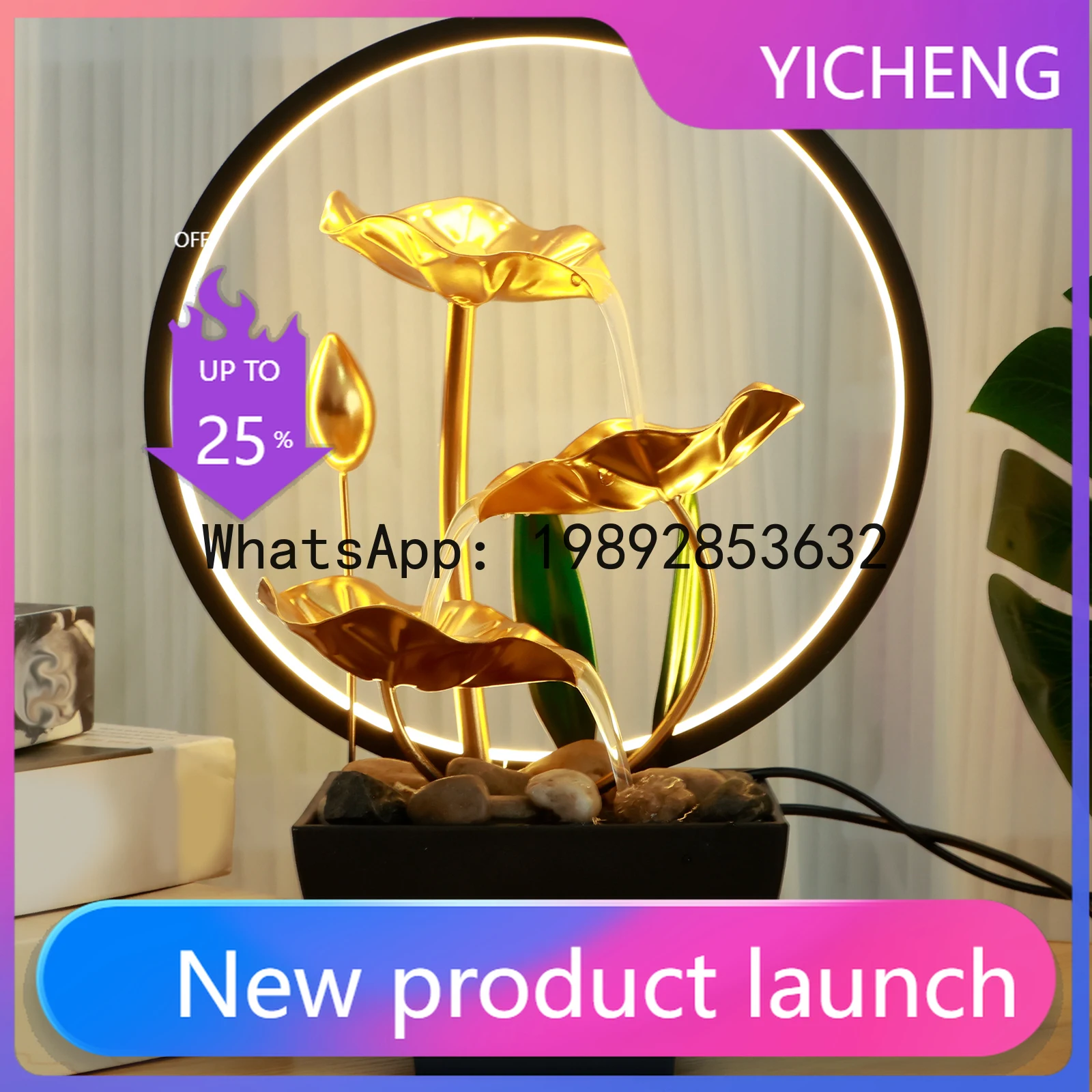 Tabletop Water Fountain USB Powered Relaxation Desktop Waterfall Fountain With Natural Rocks And LED Ring Lights For Home Decor