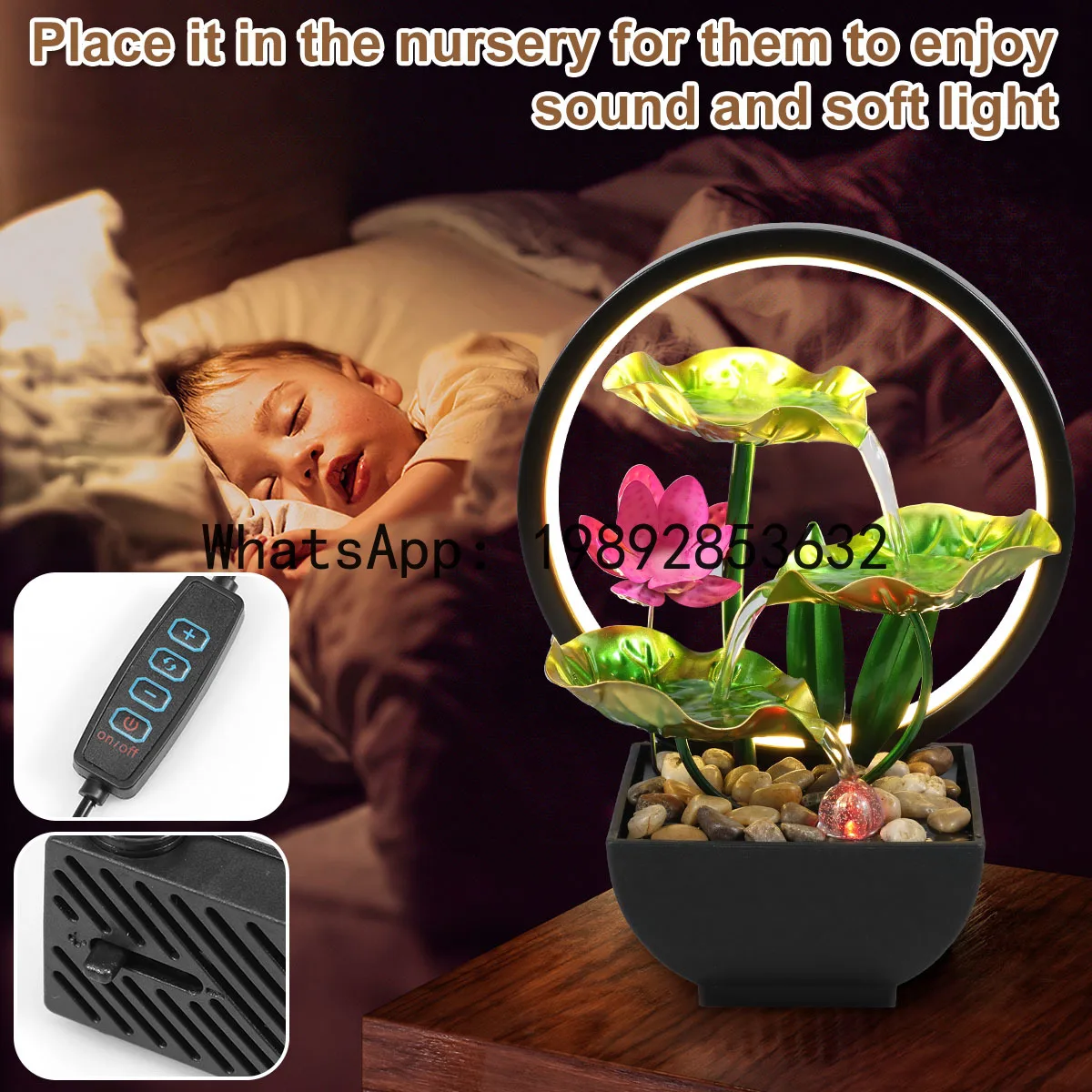Tabletop Water Fountain USB Powered Relaxation Desktop Waterfall Fountain With Natural Rocks And LED Ring Lights For Home Decor