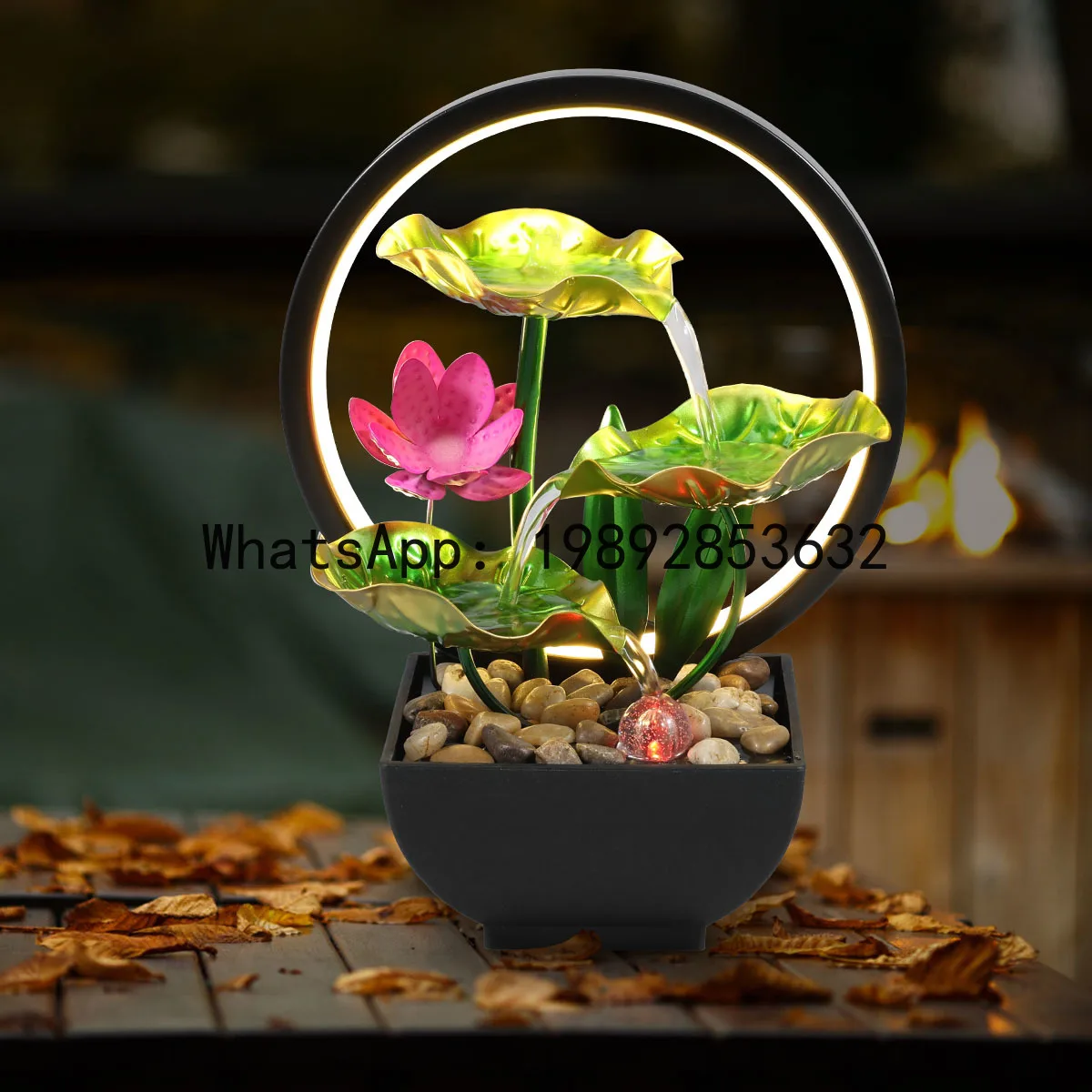Tabletop Water Fountain USB Powered Relaxation Desktop Waterfall Fountain With Natural Rocks And LED Ring Lights For Home Decor