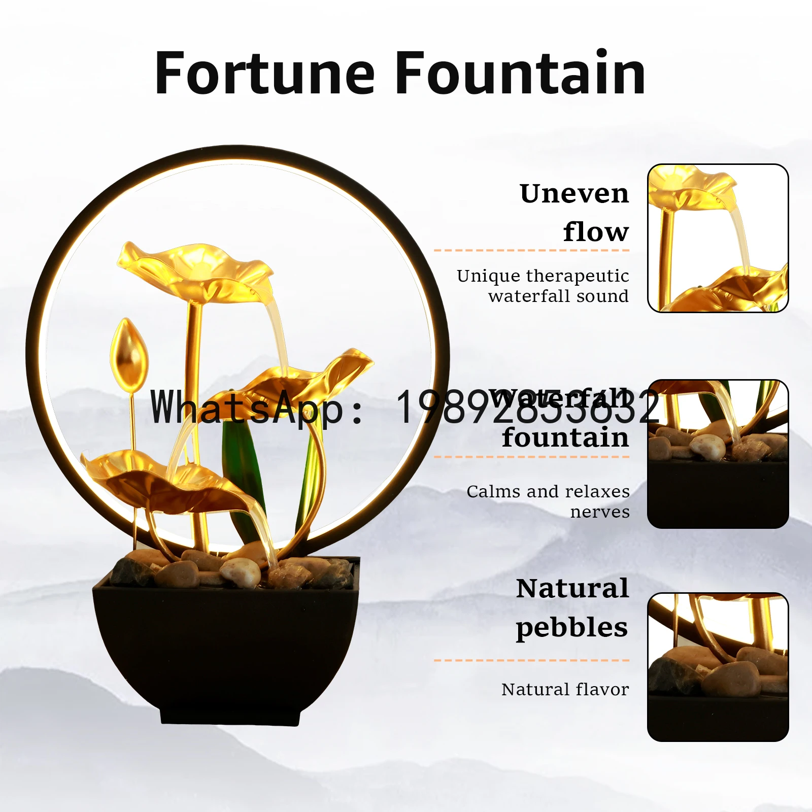 Tabletop Water Fountain USB Powered Relaxation Desktop Waterfall Fountain With Natural Rocks And LED Ring Lights For Home Decor