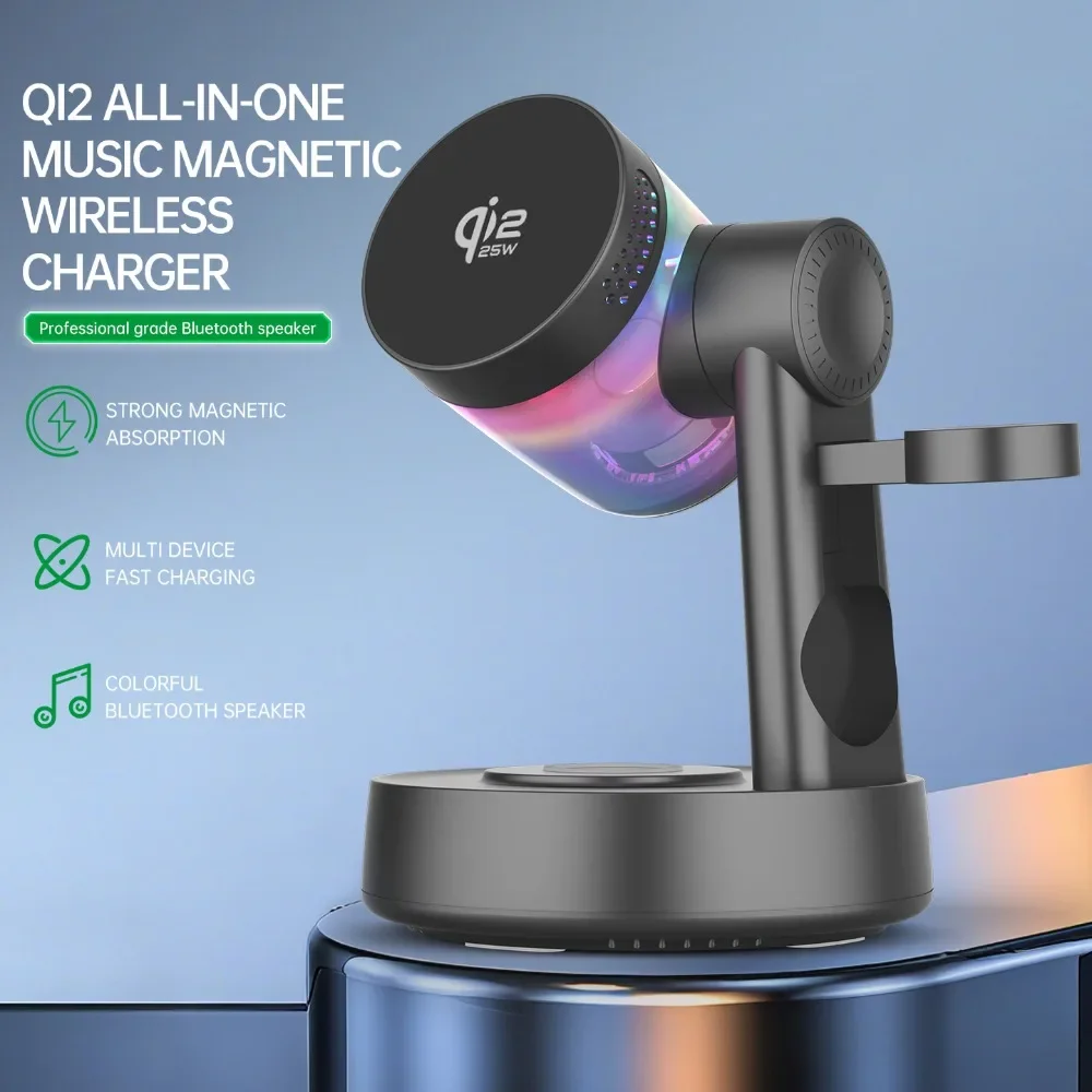 Qi2 25W RGB Light Magnetic Wireless Charger For iPhone 17~12 Apple & Samsung Watch & Airpods Pro Fast Charging Bluetooth Speaker