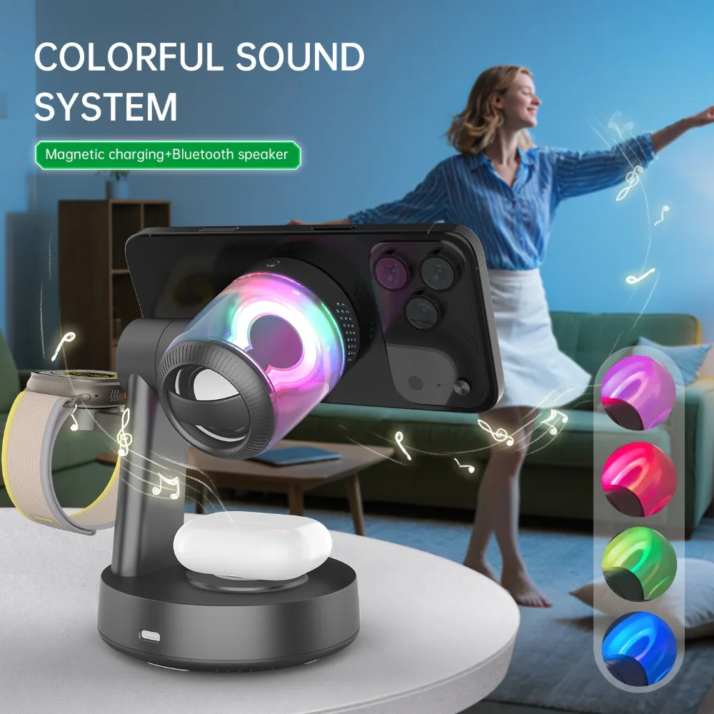 Qi2 25W RGB Light Magnetic Wireless Charger For iPhone 17~12 Apple & Samsung Watch & Airpods Pro Fast Charging Bluetooth Speaker