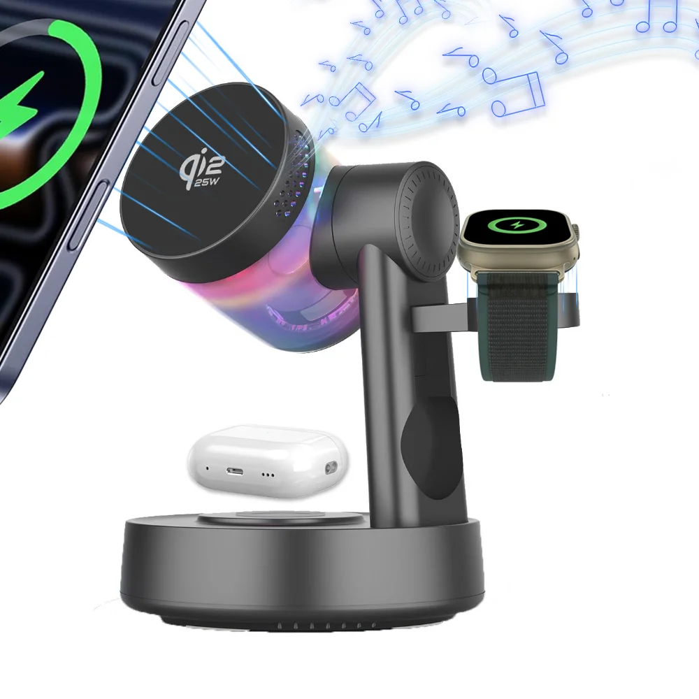 Qi2 25W RGB Light Magnetic Wireless Charger For iPhone 17~12 Apple & Samsung Watch & Airpods Pro Fast Charging Bluetooth Speaker