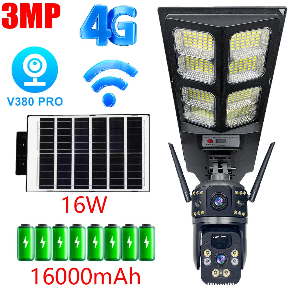 Leshine 3MP 4G Dual Lens Camera Security Wifi Home Surveillance Camera Solar Panel Charging LED Streetlight Surveillance Alarm