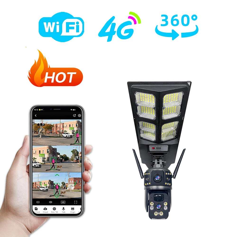 Leshine 3MP 4G Dual Lens Camera Security Wifi Home Surveillance Camera Solar Panel Charging LED Streetlight Surveillance Alarm