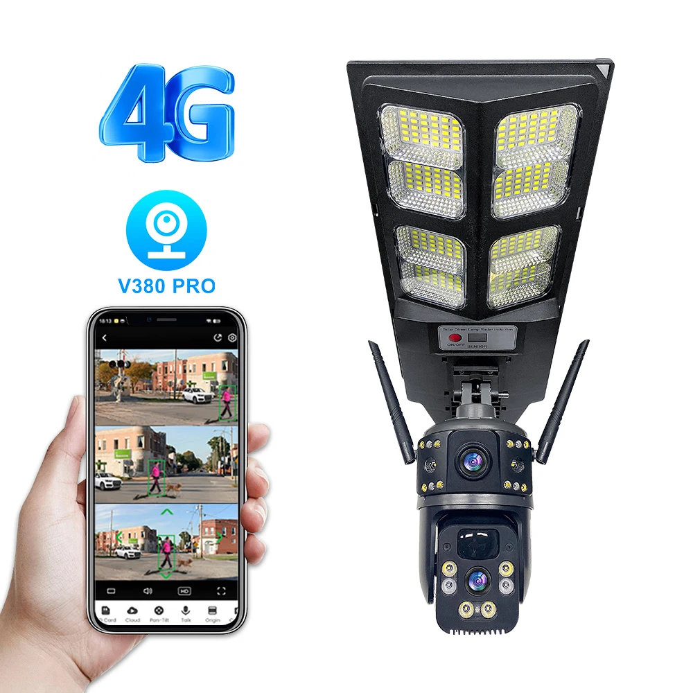 Leshine 3MP 4G Dual Lens Camera Security Wifi Home Surveillance Camera Solar Panel Charging LED Streetlight Surveillance Alarm