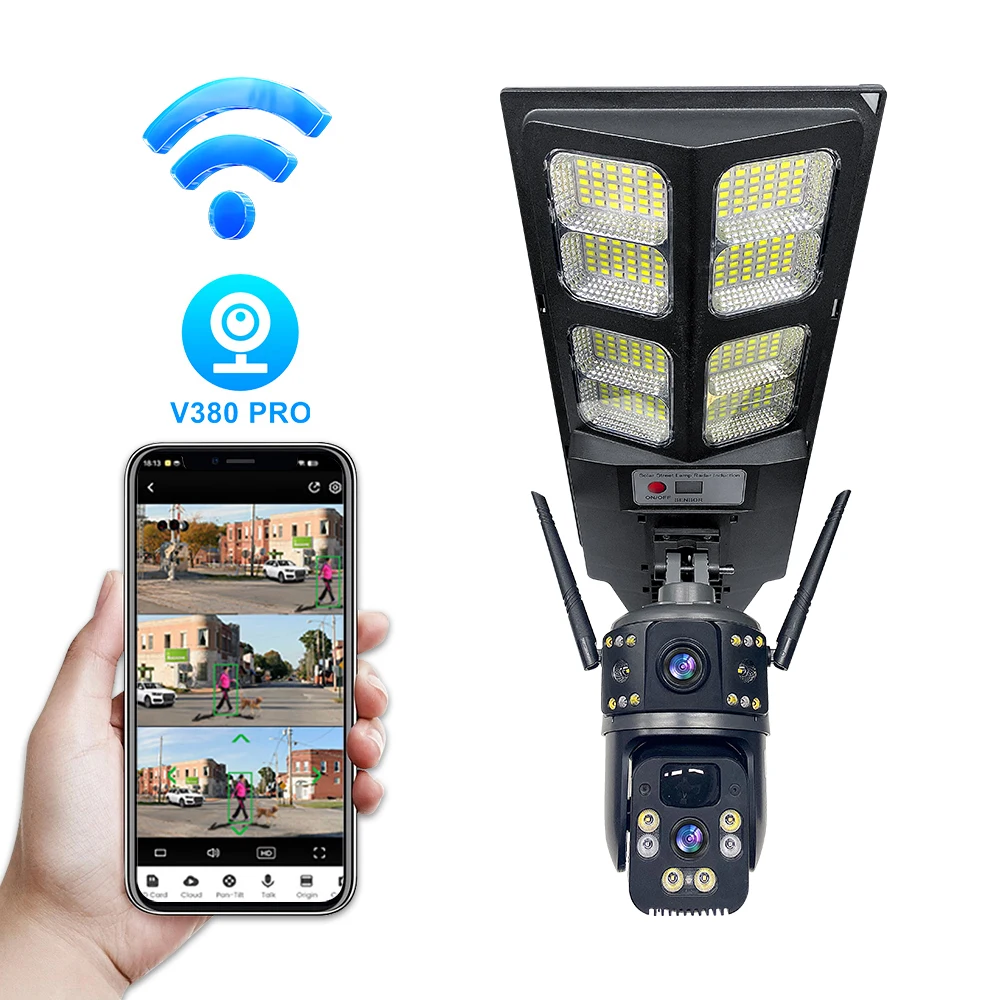 Leshine 3MP 4G Dual Lens Camera Security Wifi Home Surveillance Camera Solar Panel Charging LED Streetlight Surveillance Alarm