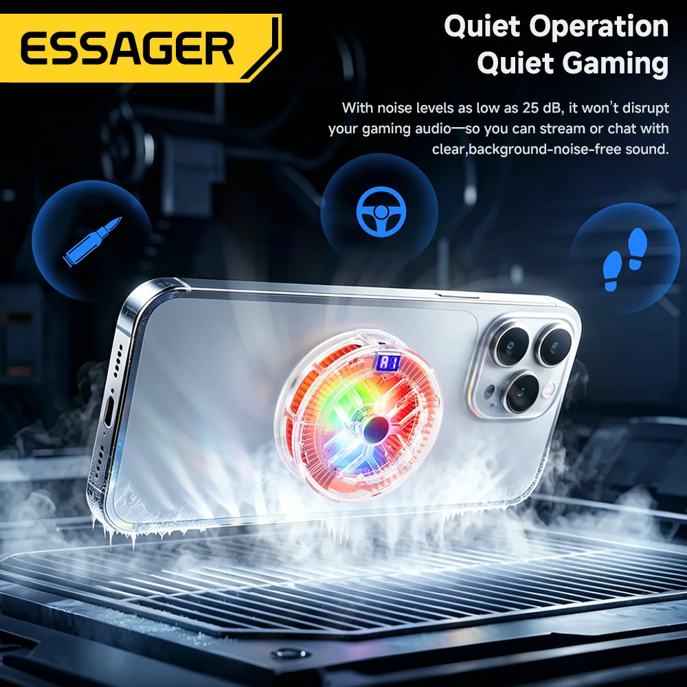 Essager Magnetic Back Clip 2 In1 Phone Cooler Back Clip Smart Digital Screen Display RGB Light Mute Cooling Fan for iPhone Live