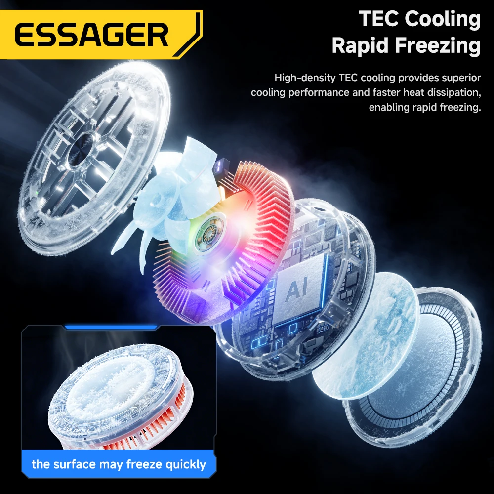 Essager Magnetic Back Clip 2 In1 Phone Cooler Back Clip Smart Digital Screen Display RGB Light Mute Cooling Fan for iPhone Live