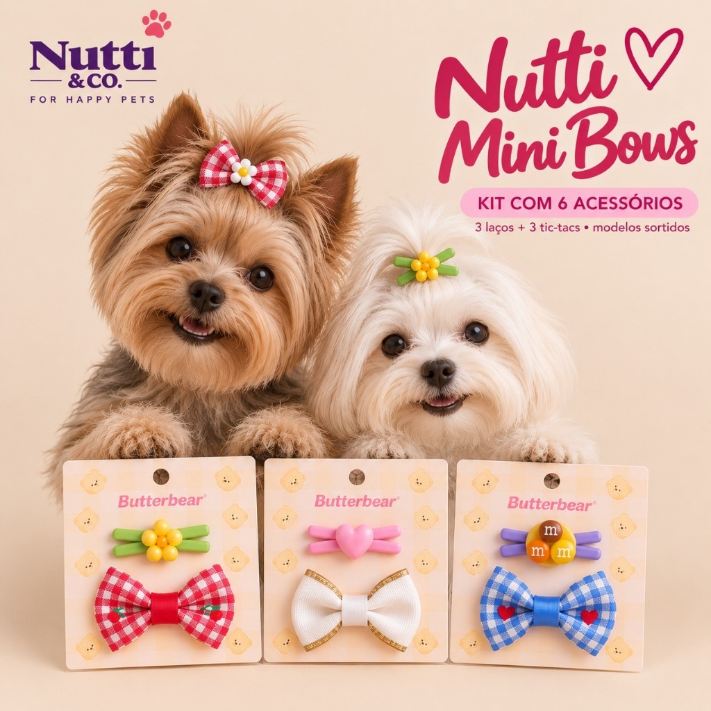 Kit Laços para Cachorro Nutti Mini Bows – 3 Laços + 3 Presilhas Tic-Tac Pet | 6 Acessórios Sortidos