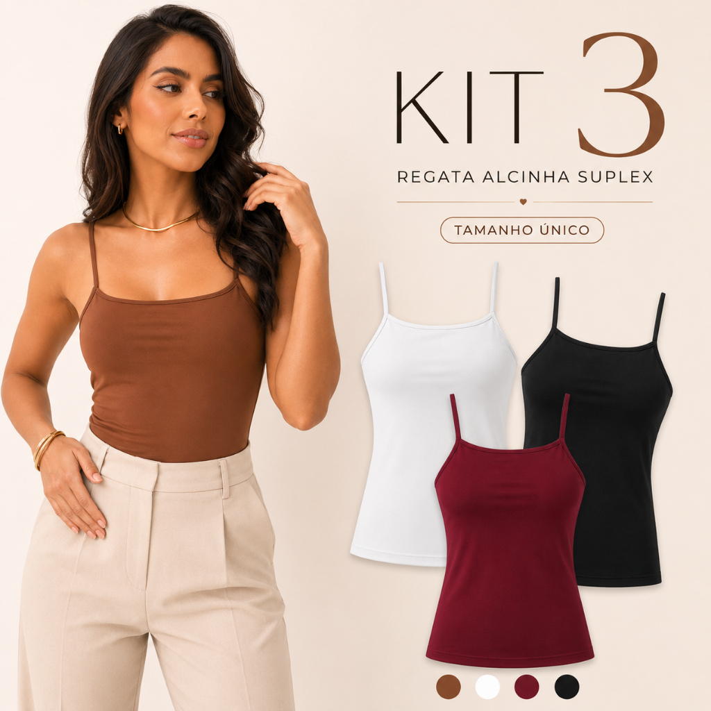 Kit 3 Blusa Regata Feminina Suplex Básica Alça Fina Lisa Forro Duplo Busto Blusinha