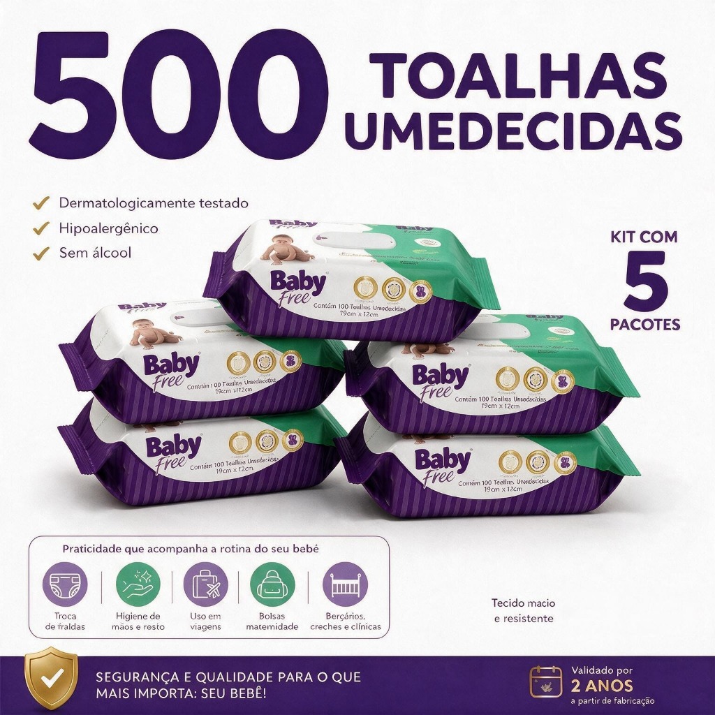 Kit 05 pacotes de Toalhas Umedecidas/ Lenços  Baby free c/100- (sem tampa flip-top)
