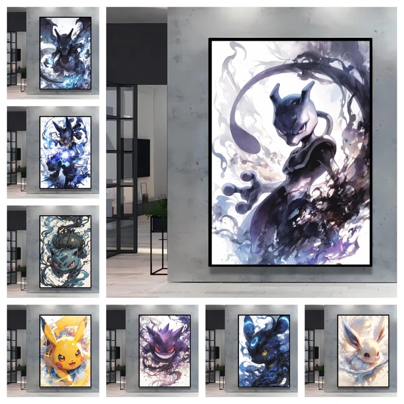 Classic Pokemon HD Canvas Painting Anime Figures Mewtwo Poster Print Watercolor Wall Art Picture Modern Home Decor Kids Gifts